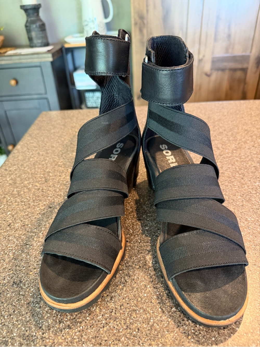 Sorel Black Strappy Elastic Ankle Wedge Sandals